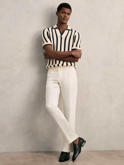 Reiss Best Seller - Cotton Blend Stripe Knit Polo Shirt in Off White/Navy