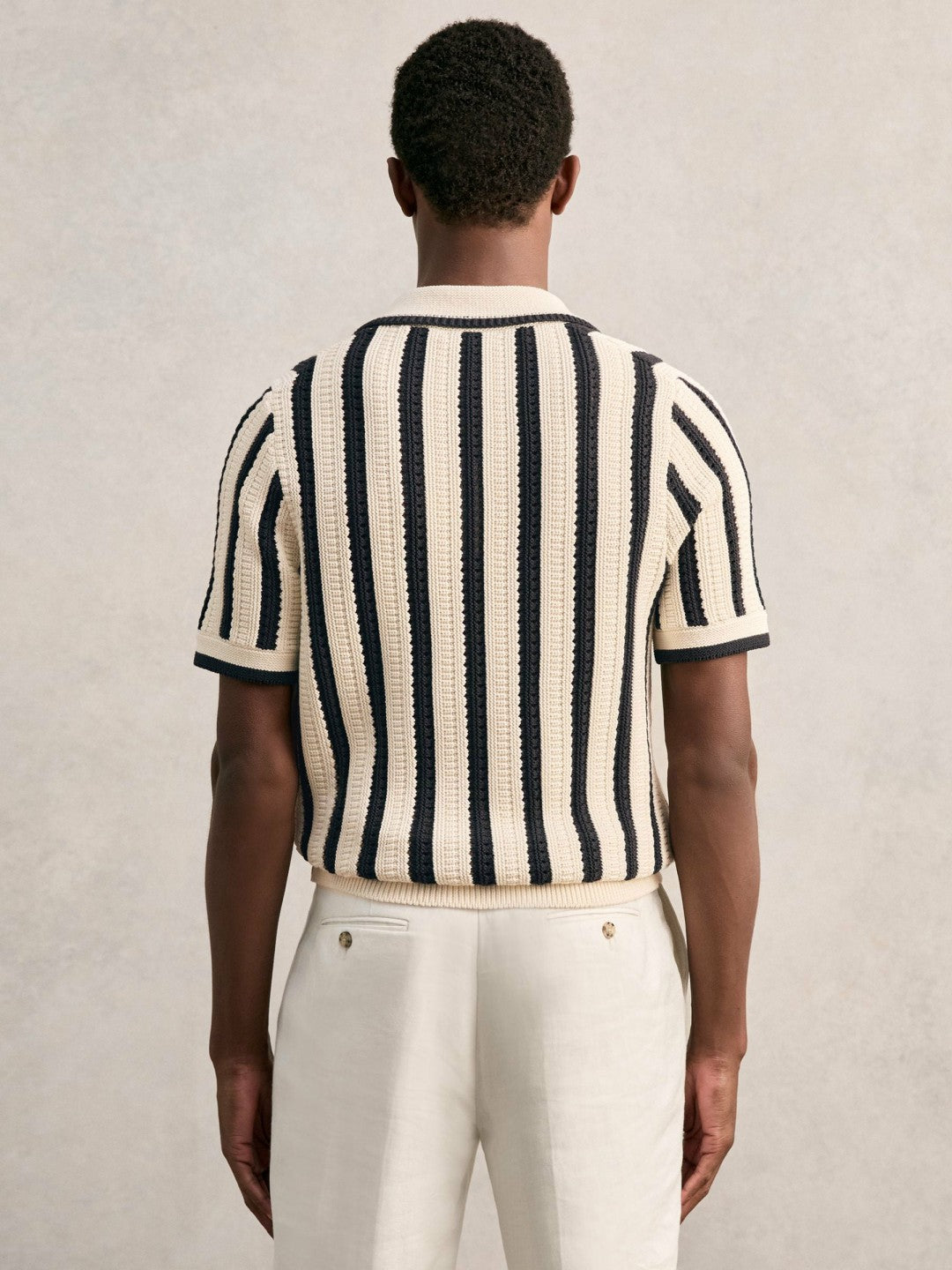 Reiss Best Seller - Cotton Blend Stripe Knit Polo Shirt in Off White/Navy