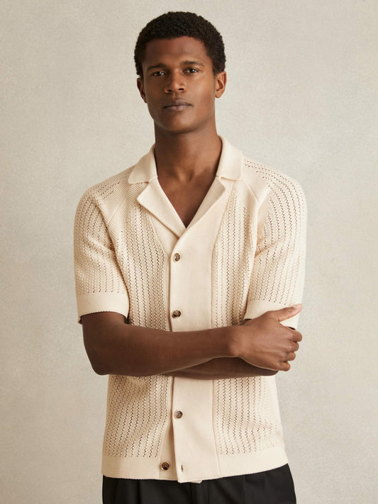 Reiss Cotton Textured-Knit Cuban-Collar Shirt in Light Stone