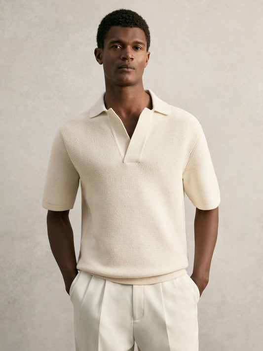 Reiss Savings - Oversize Textured Polo Shirt Cotton-Blend in Off White