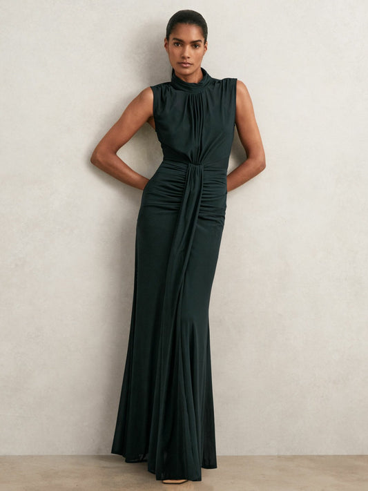 Reiss Sheer Ruched Maxi Dress in Teal