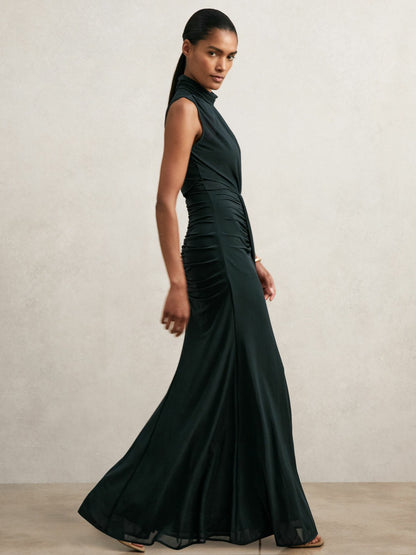 Reiss Sheer Ruched Maxi Dress in Teal