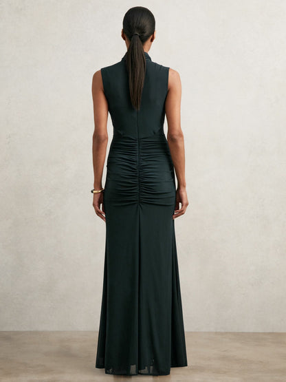 Reiss Sheer Ruched Maxi Dress in Teal