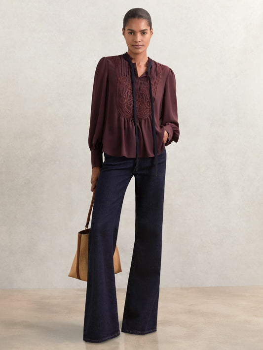 Reiss Affordable - Lace-Embroidered Tie-Neck Shirt in Burgundy