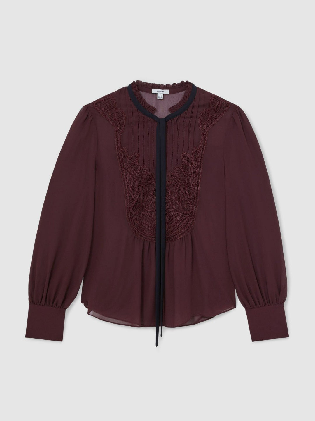 Reiss Affordable - Lace-Embroidered Tie-Neck Shirt in Burgundy