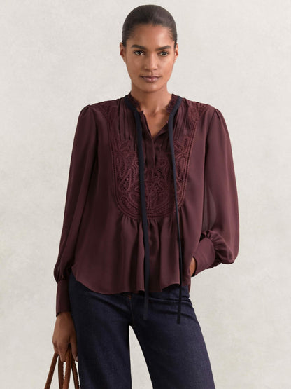 Reiss Affordable - Lace-Embroidered Tie-Neck Shirt in Burgundy
