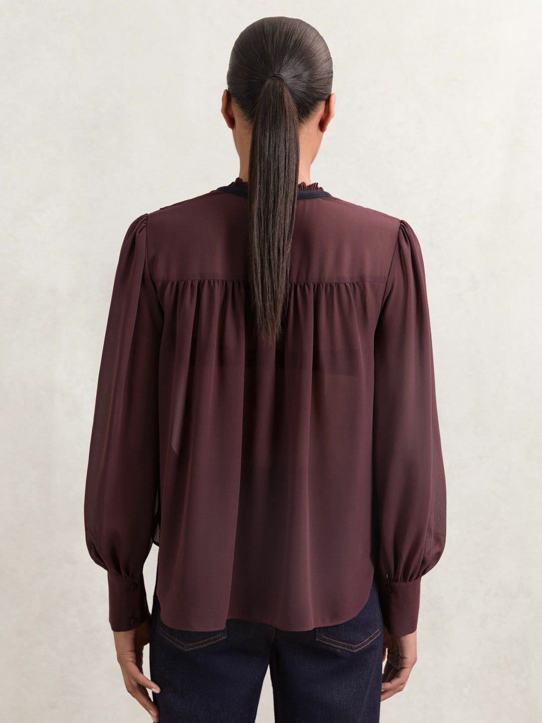 Reiss Affordable - Lace-Embroidered Tie-Neck Shirt in Burgundy