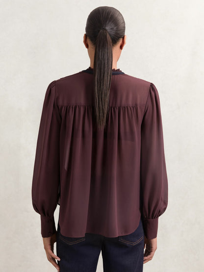 Reiss Affordable - Lace-Embroidered Tie-Neck Shirt in Burgundy