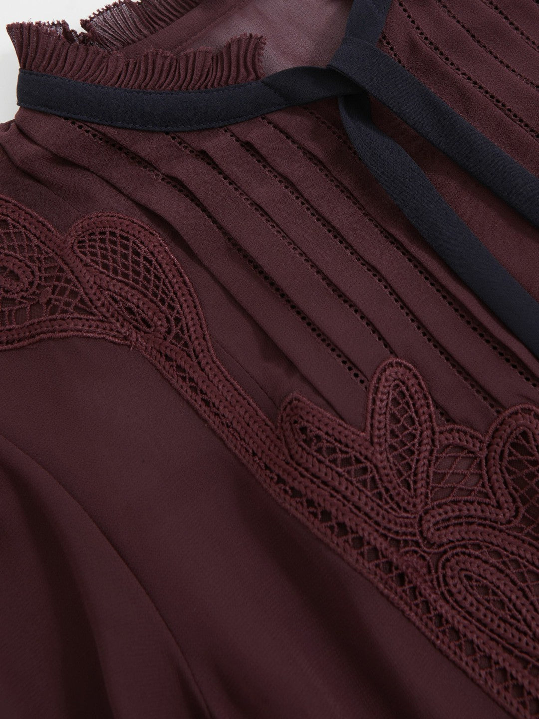 Reiss Affordable - Lace-Embroidered Tie-Neck Shirt in Burgundy