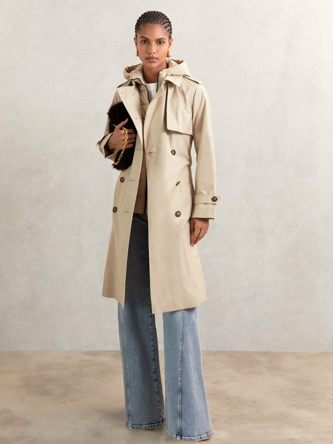 Reiss Petite Hooded Insert Trench Coat in Stone