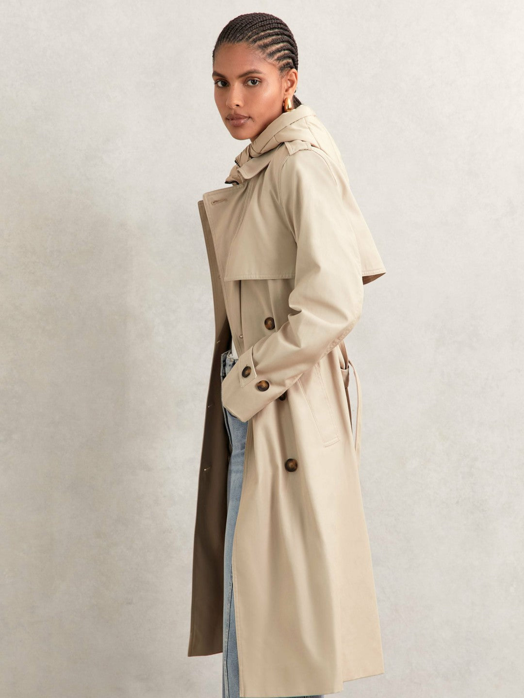 Reiss Petite Hooded Insert Trench Coat in Stone