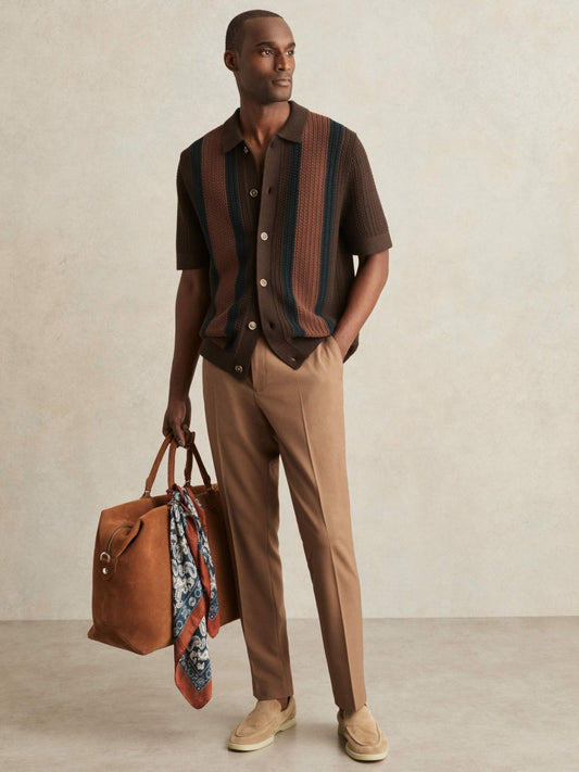 Reiss Deal - Cotton Textured-Knit Stripe Shirt in Brown Multi
