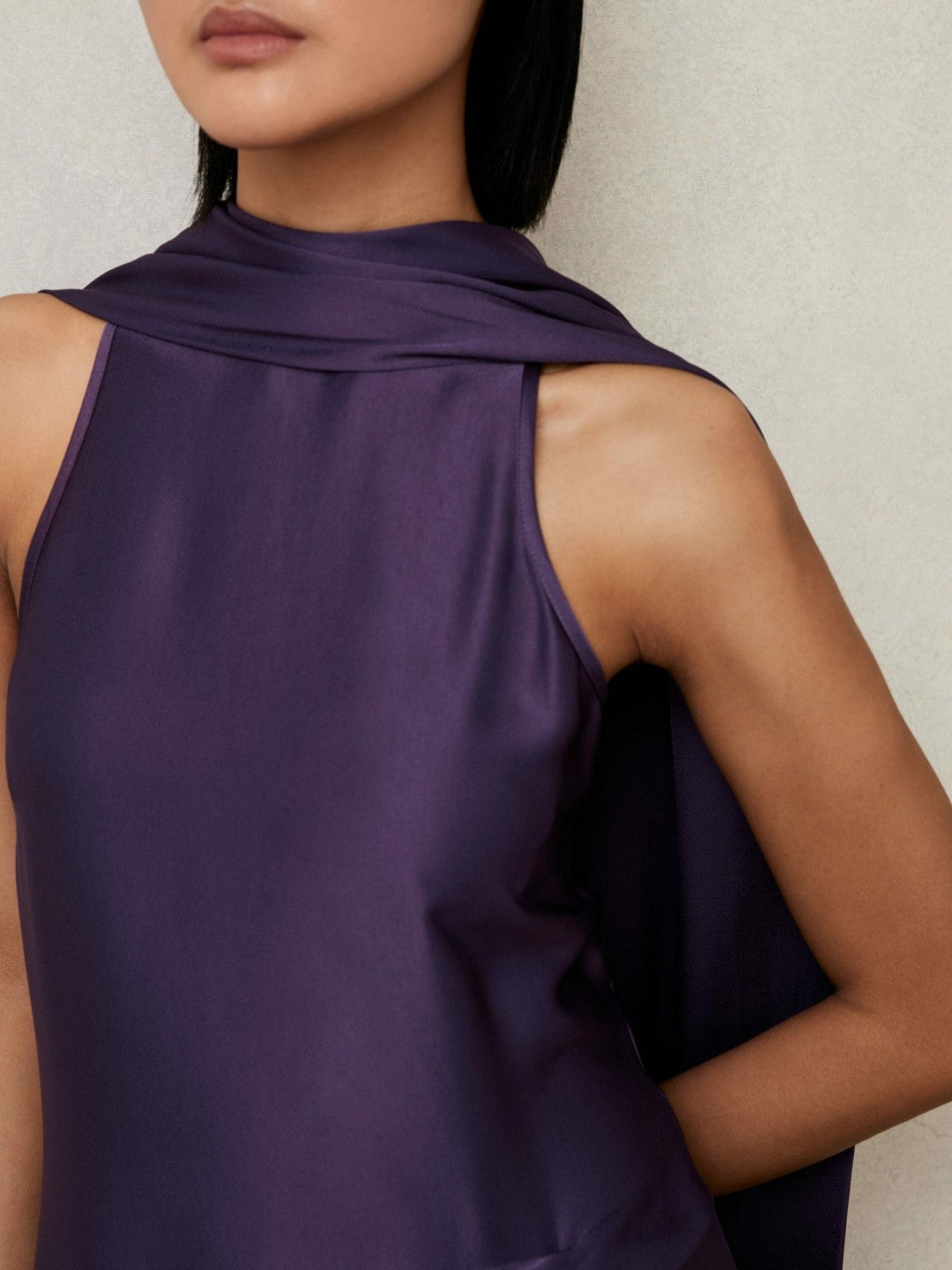 Reiss Satin Tuck-Detail Cape Midi Dress in Purple