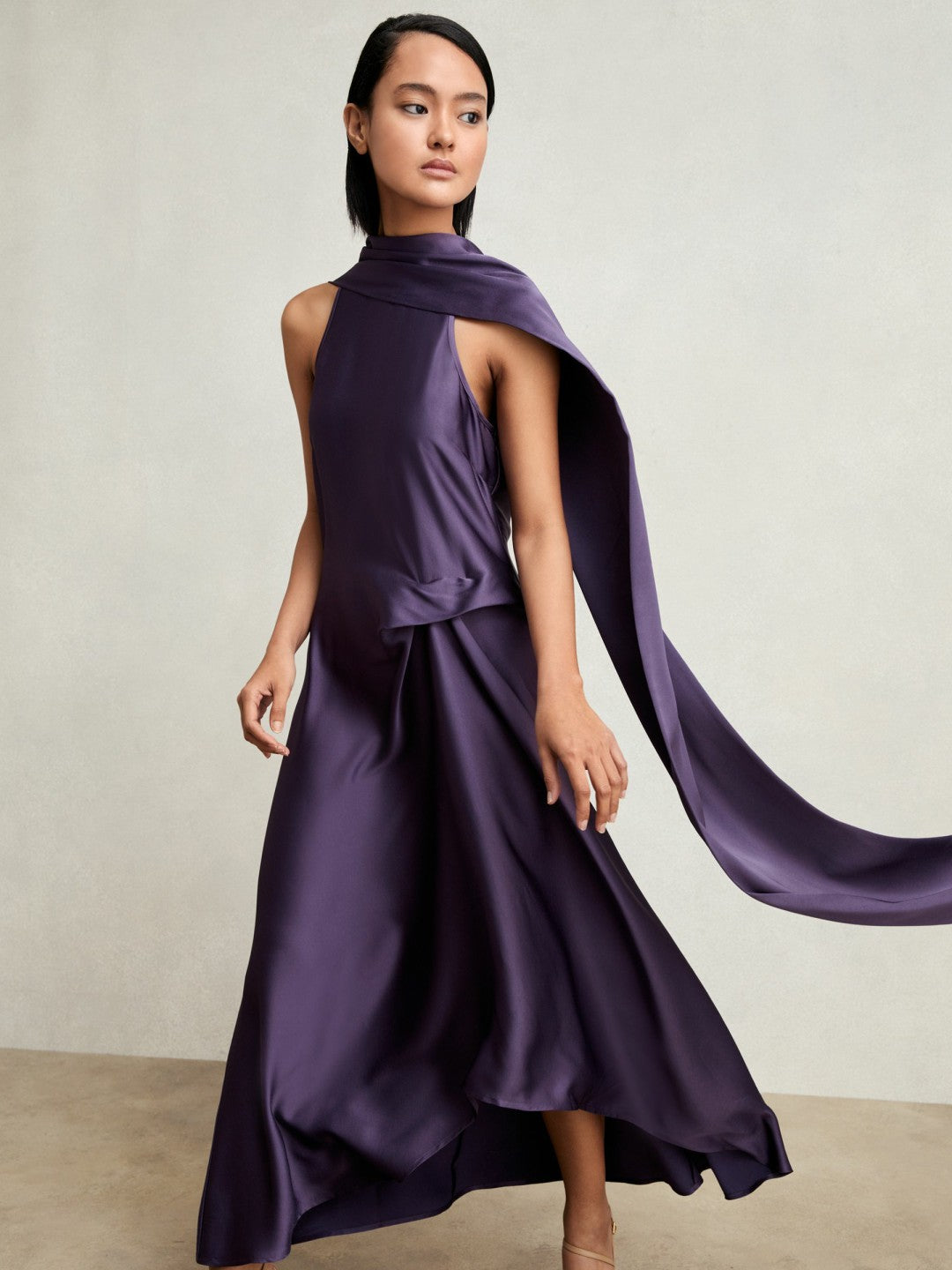 Reiss Satin Tuck-Detail Cape Midi Dress in Purple