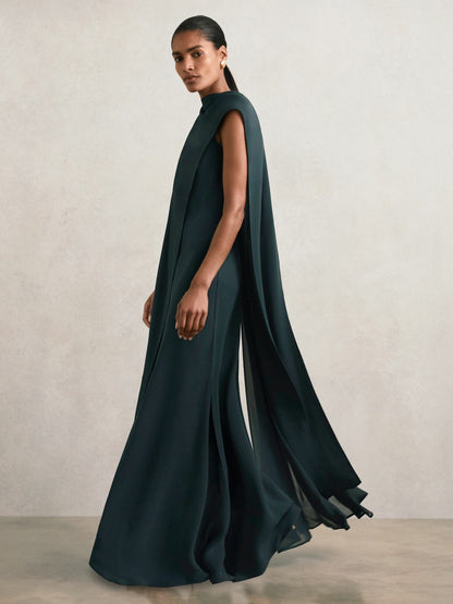 Reiss Crepe Cape Maxi Dress in Teal Green