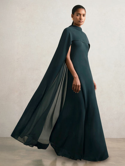 Reiss Crepe Cape Maxi Dress in Teal Green