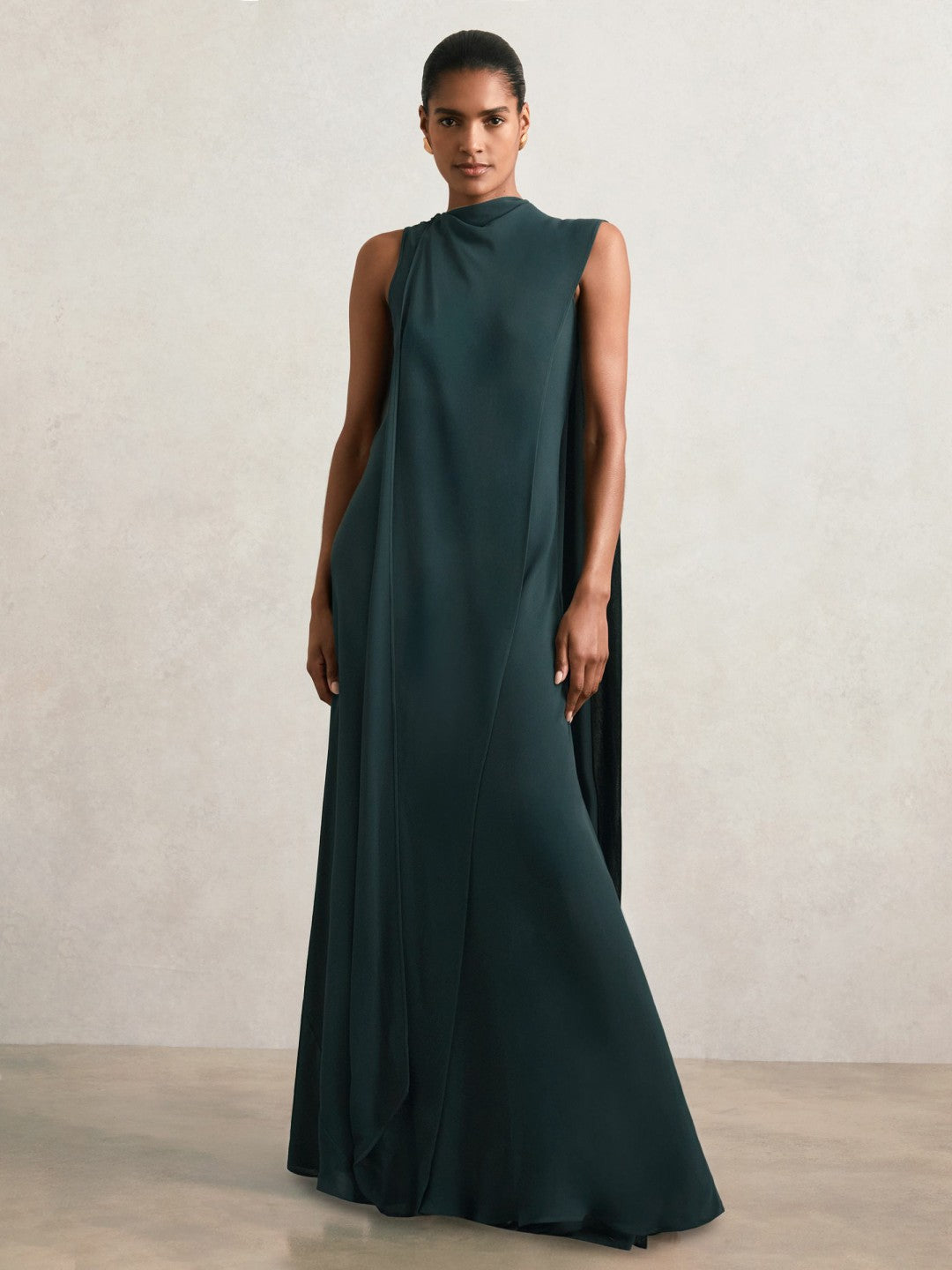 Reiss Crepe Cape Maxi Dress in Teal Green