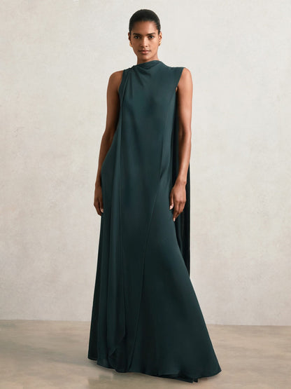 Reiss Crepe Cape Maxi Dress in Teal Green
