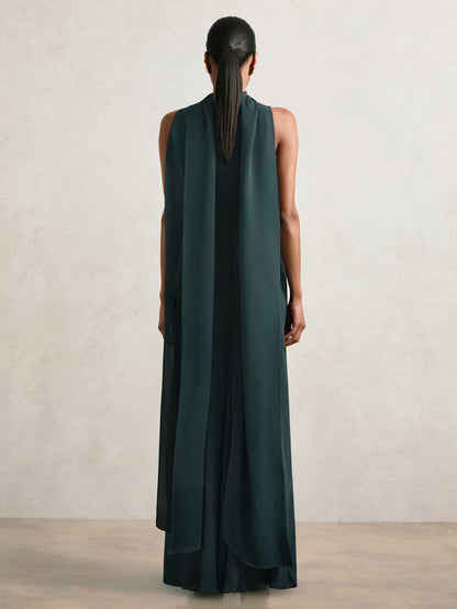 Reiss Crepe Cape Maxi Dress in Teal Green