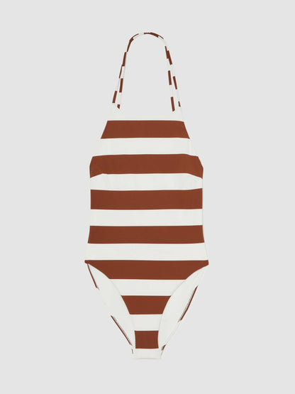 Reiss Stripe Cross-Back Swimsuit in Brown/White