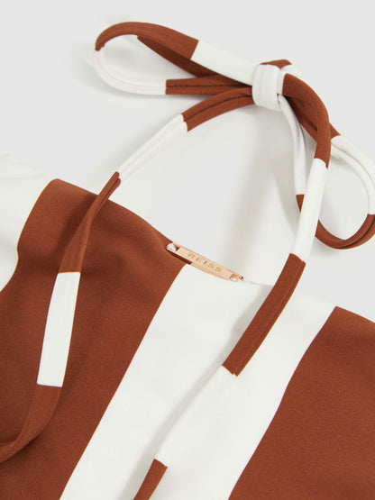 Reiss Stripe Cross-Back Swimsuit in Brown/White