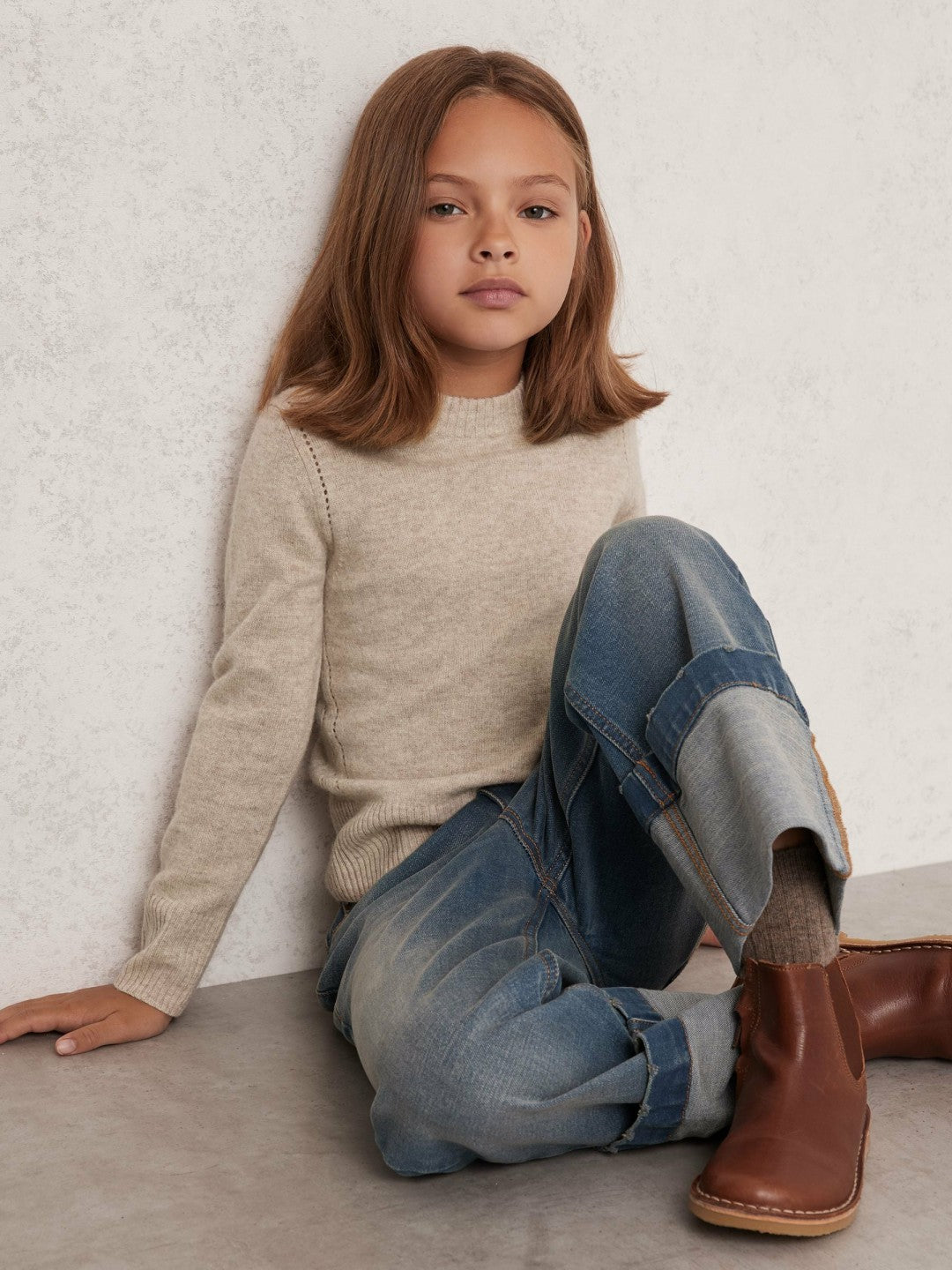 Reiss 9-13 yrs Wool-Blend Open-Stitch Jumper with Cashmere in Oatmeal