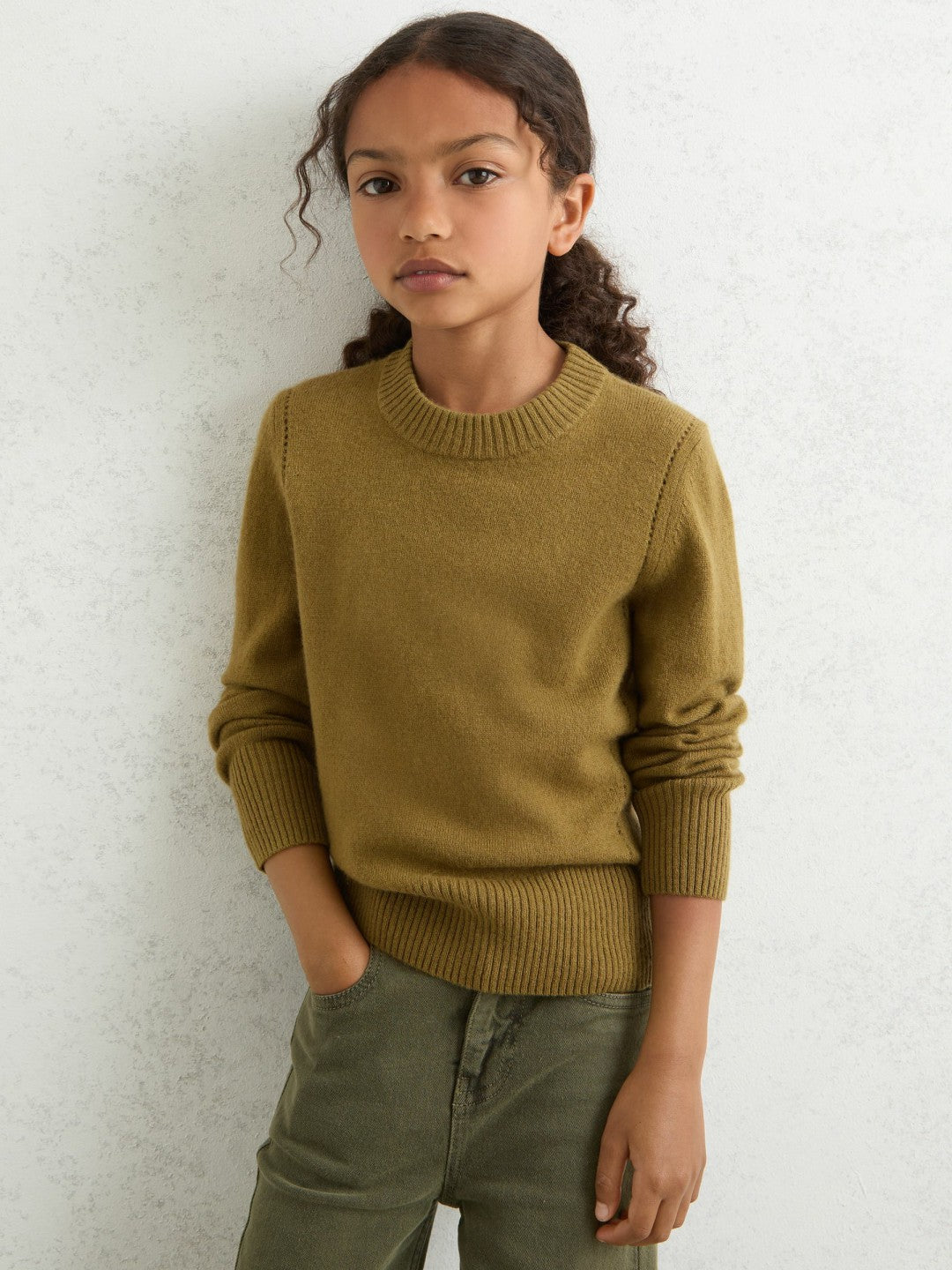 Reiss Best Seller - 3-9 yrs Wool-Blend Open-Stitch Jumper with Cashmere in Khaki Green