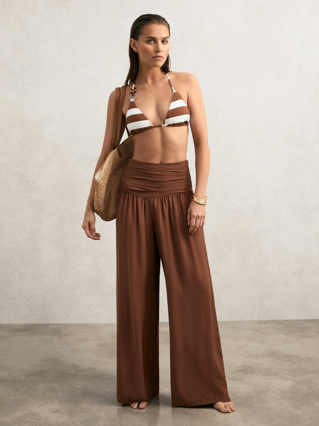 Reiss Featured - Stripe Halterneck Triangle Bikini Top in Navy/Brown