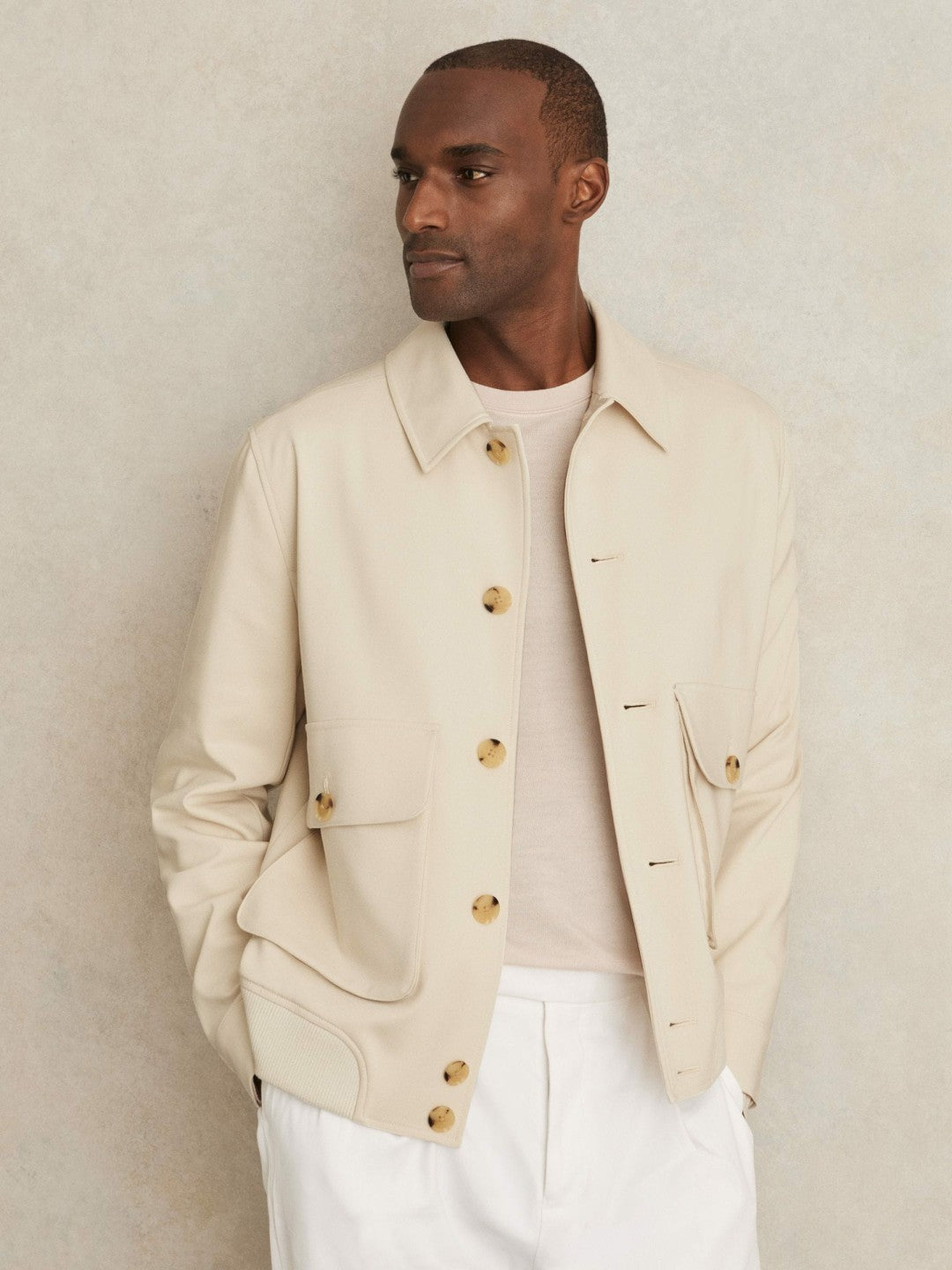 Reiss Sale - Cotton-Blend Button-Through Jacket in Light Stone