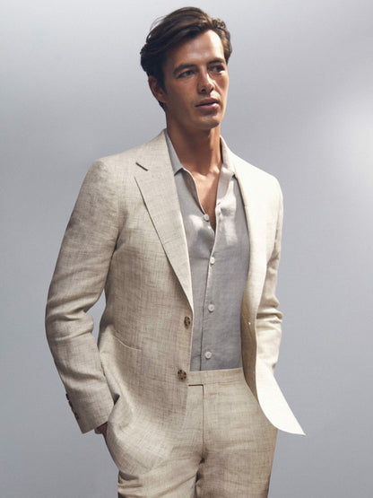 Reiss Sale - Linen-Cotton Single-Breasted Suit Blazer Slim-Fit in Stone