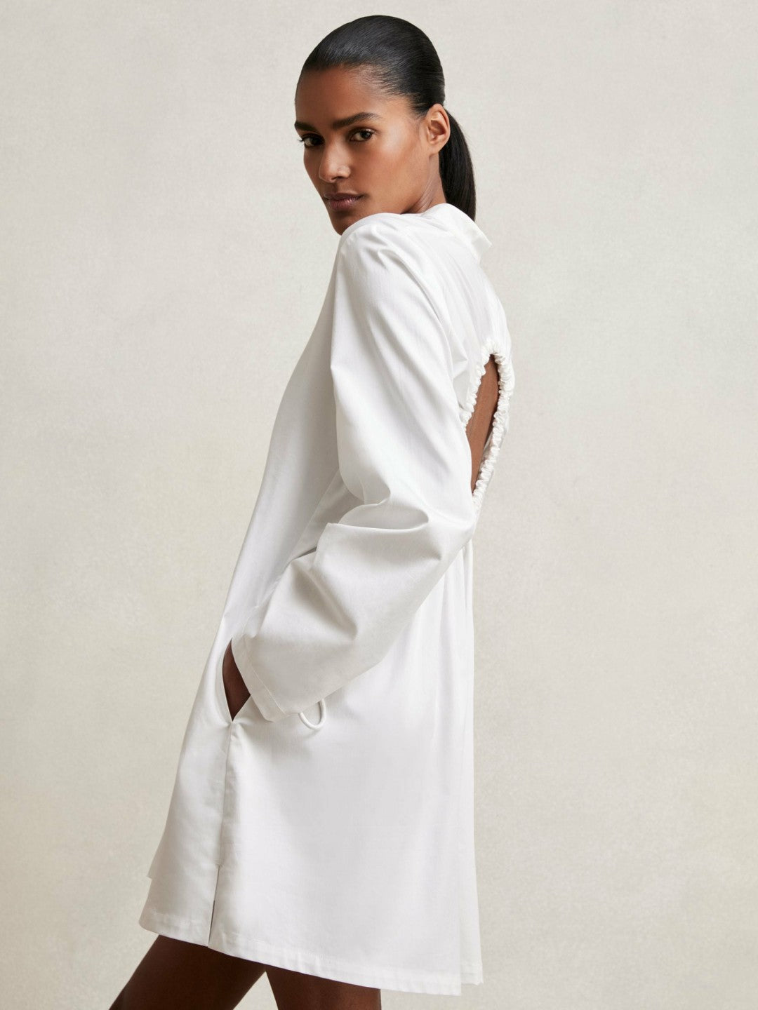 Reiss Cotton Gathered Cut-Out Shirt Dress with Stretch in Ivory