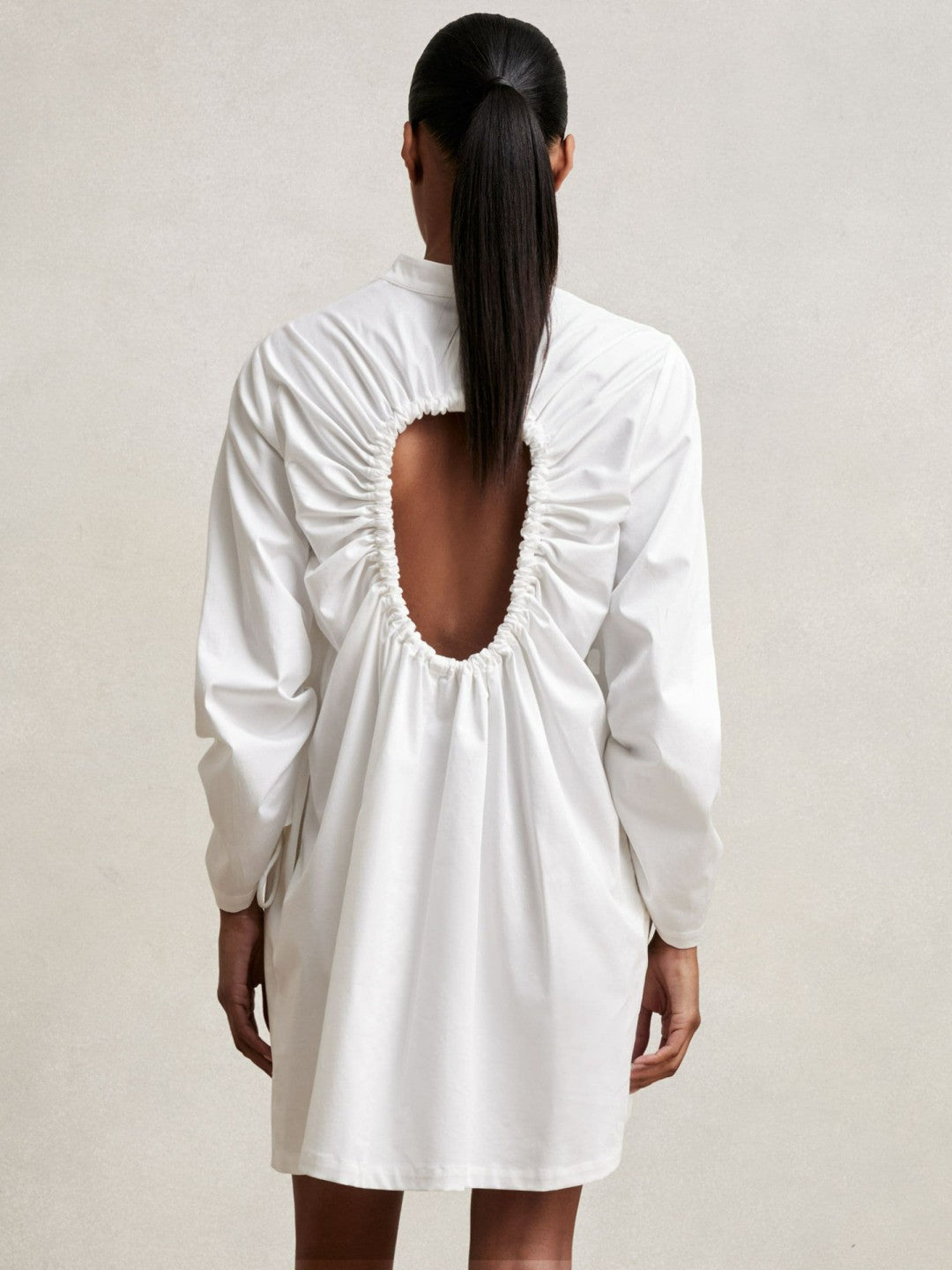Reiss Cotton Gathered Cut-Out Shirt Dress with Stretch in Ivory