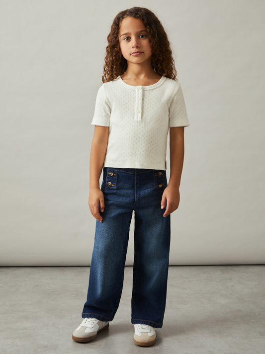 Reiss Offer - 9-13 yrs Cotton Pointelle Button T-Shirt in Ivory