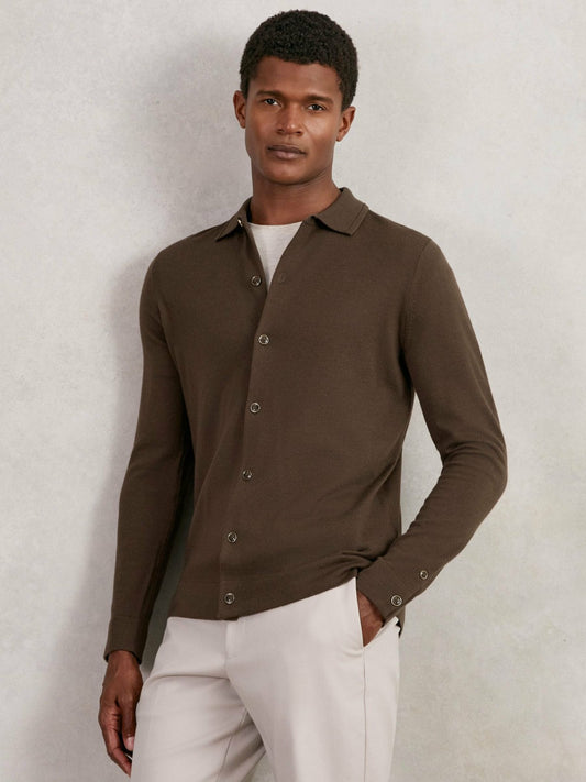 Reiss Value - Merino Wool Button-Through Cardigan in Chocolate Brown
