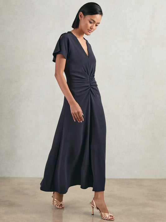 Reiss Value - Ruched-Front Midi Dress in Navy