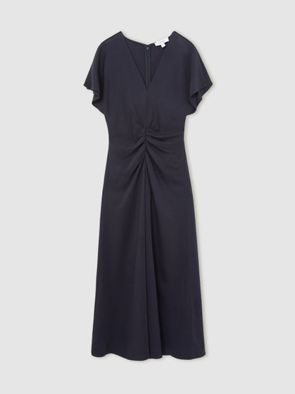 Reiss Value - Ruched-Front Midi Dress in Navy