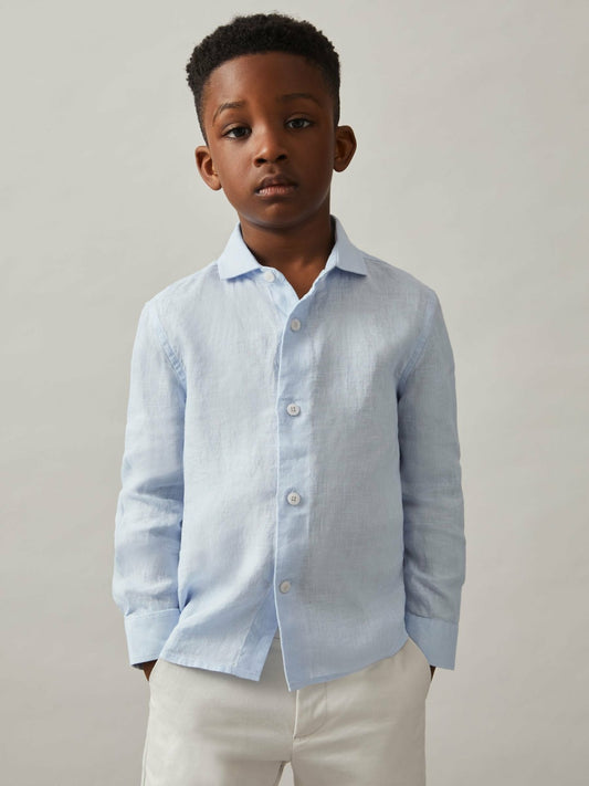 Reiss 9-13 yrs Linen Cutaway Collar Shirt in Pale Blue