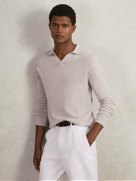 Reiss Deal - Merino Wool Open-Collar Polo Shirt in Wicker Brown Melange