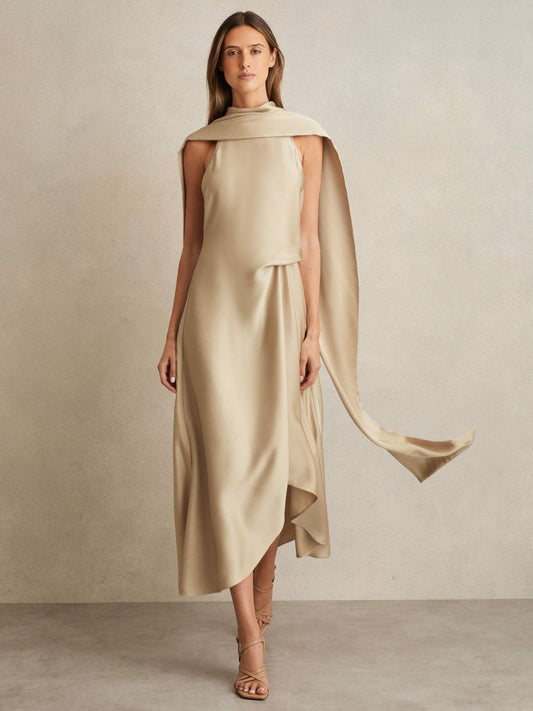 Reiss Satin Tuck-Detail Cape Midi Dress in Champagne Neutral