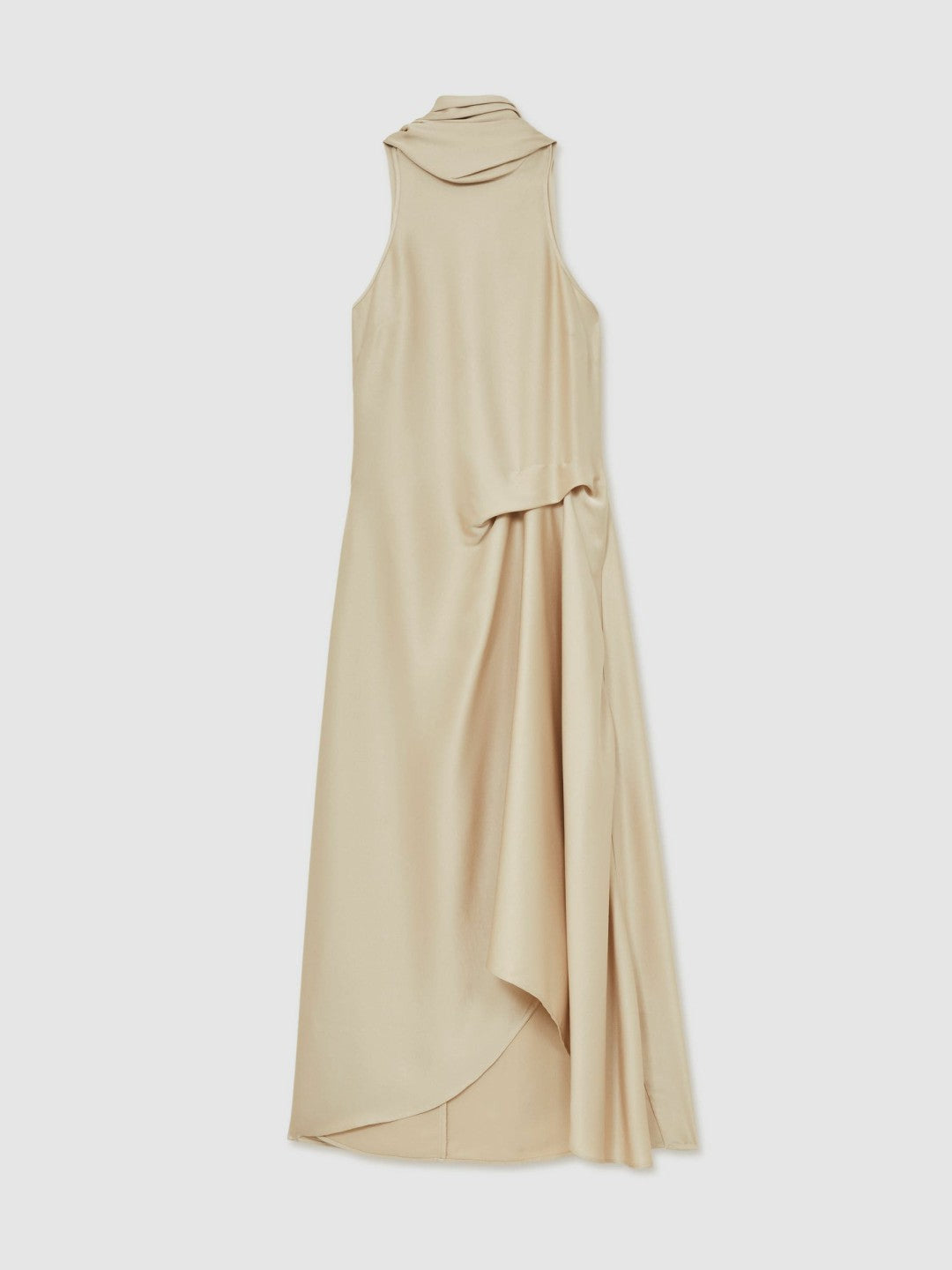Reiss Satin Tuck-Detail Cape Midi Dress in Champagne Neutral