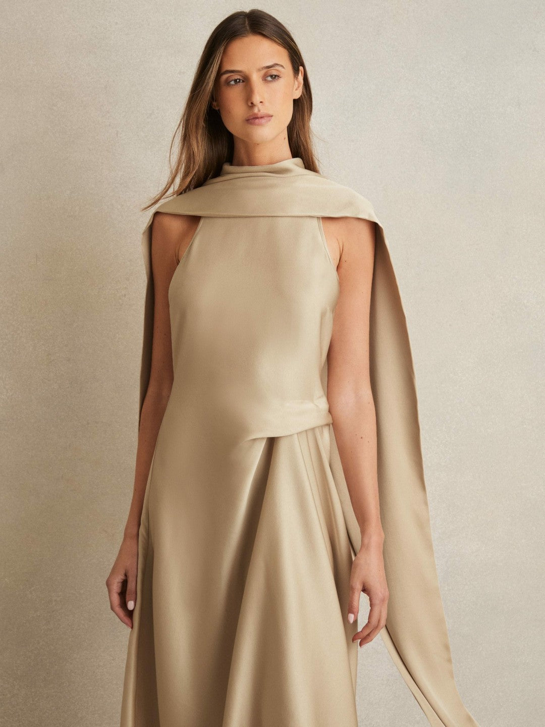 Reiss Satin Tuck-Detail Cape Midi Dress in Champagne Neutral