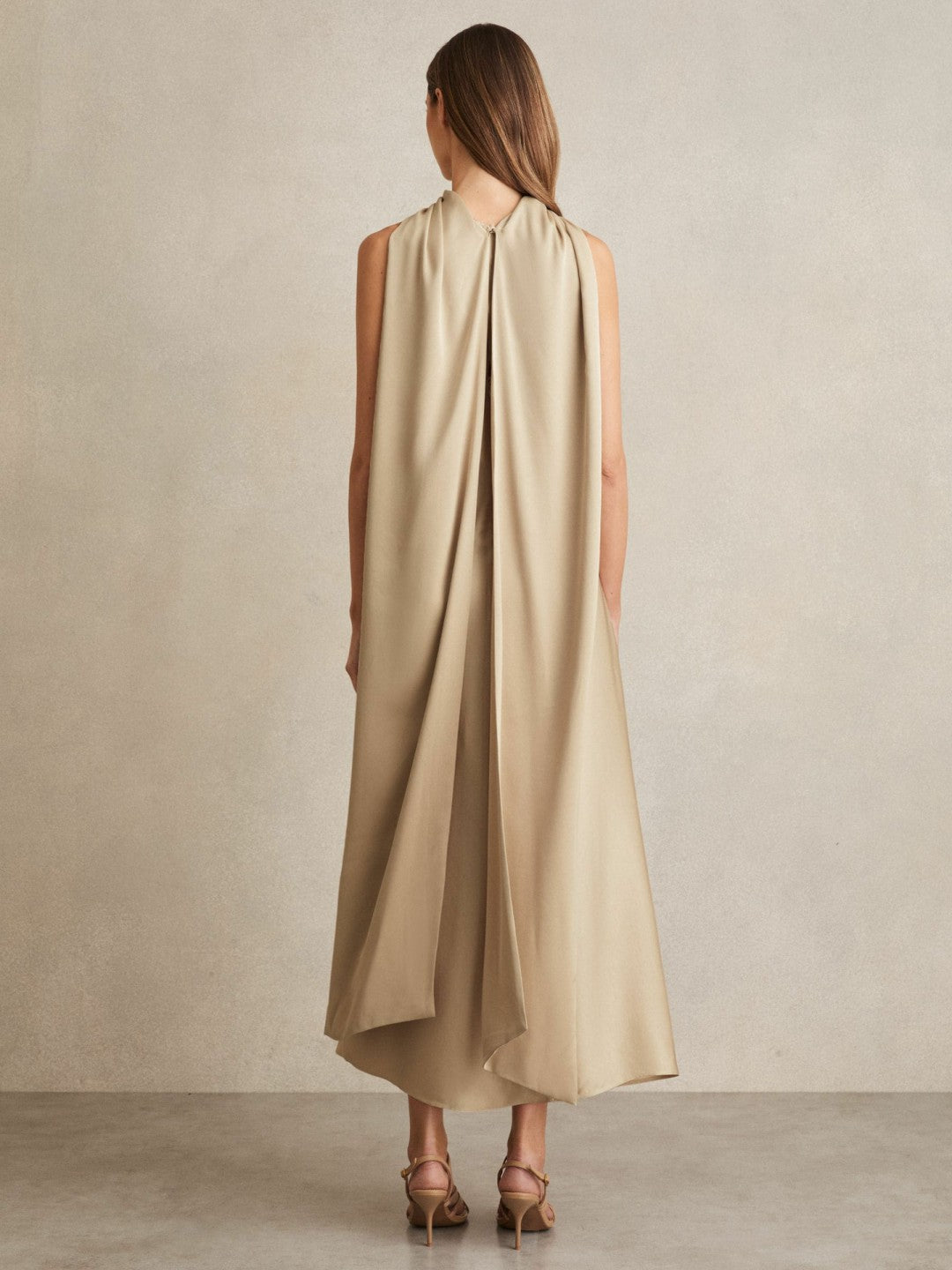 Reiss Satin Tuck-Detail Cape Midi Dress in Champagne Neutral