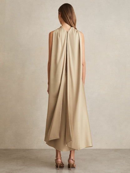 Reiss Satin Tuck-Detail Cape Midi Dress in Champagne Neutral