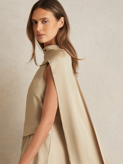 Reiss Satin Tuck-Detail Cape Midi Dress in Champagne Neutral