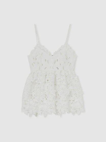 Reiss Cotton Cut Out Lace Cami Top in Ivory