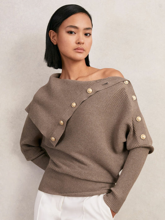 Reiss Rib-Knit Button Shawl Jumper in Taupe