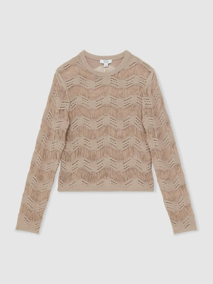 Reiss Cotton Blend Ladder Knit Top in Taupe Neutral