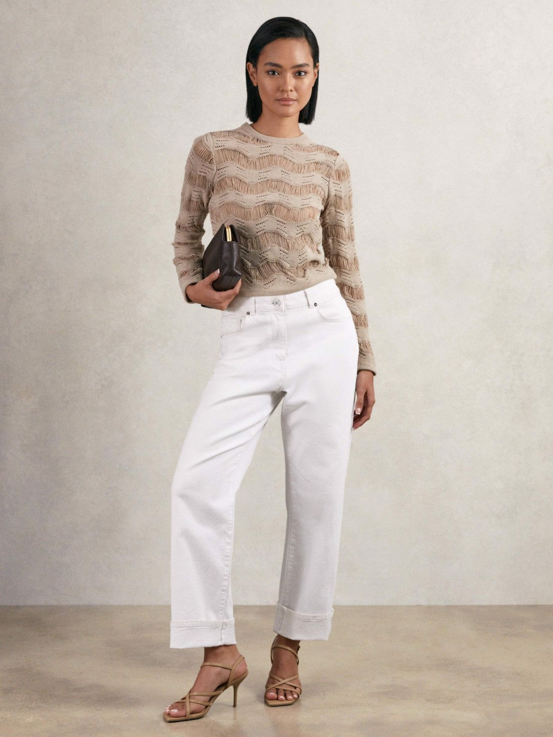 Reiss Cotton Blend Ladder Knit Top in Taupe Neutral