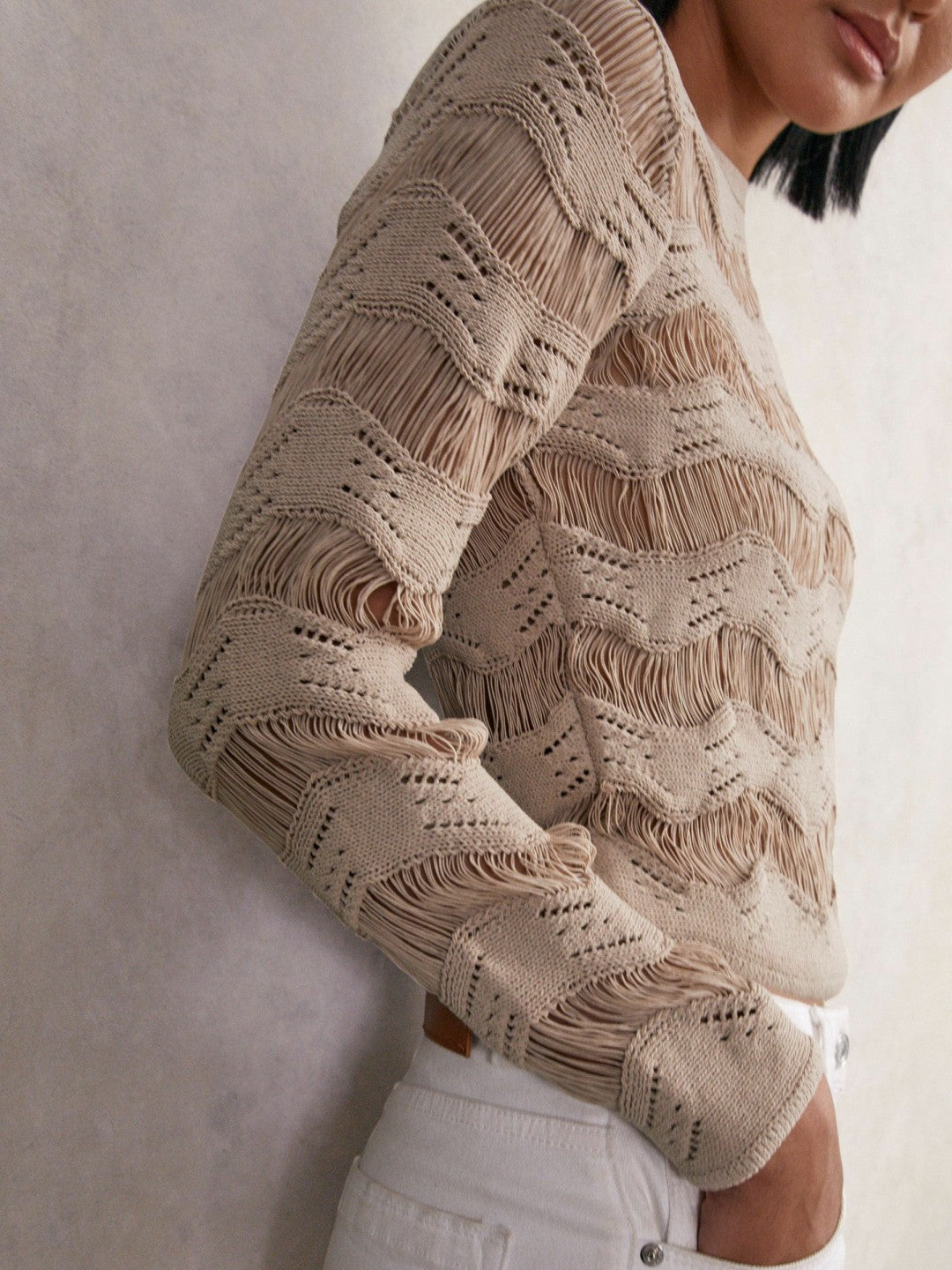 Reiss Cotton Blend Ladder Knit Top in Taupe Neutral