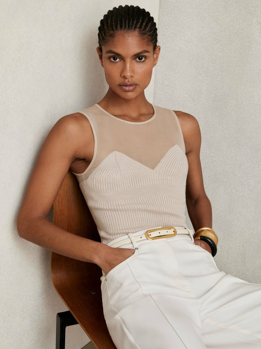 Reiss Mesh Rib-Knit Sweetheart Vest in Pink Neutral